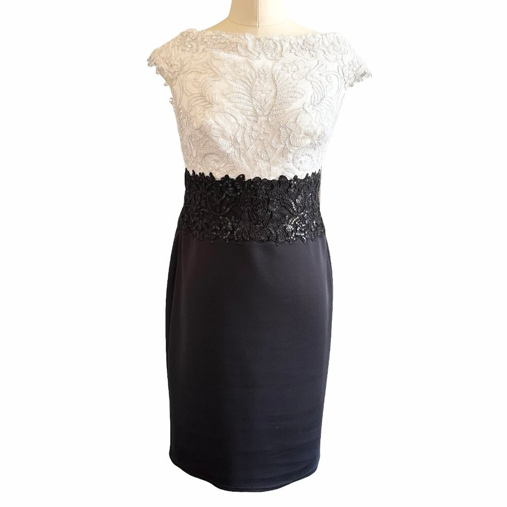 Tadashi Shoji Black and White Embroidered Lace Sheath Dress Cap Sleeve 10